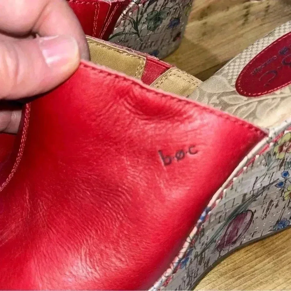 B.O.C RED LEATHER WITH FLOWER CORK WEDGE SLIP ON SANDALS Y2K